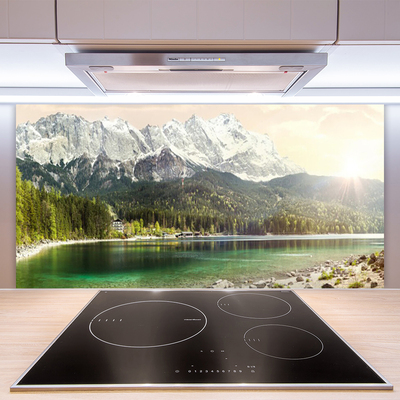 Kitchen Splashback Mountain forest lake landscape white grey green