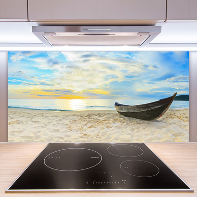 Kitchen Splashback Boat beach landscape grey brown