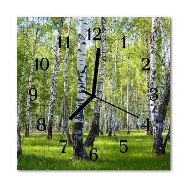 Glass Kitchen Clock Birches forest landscape green, white