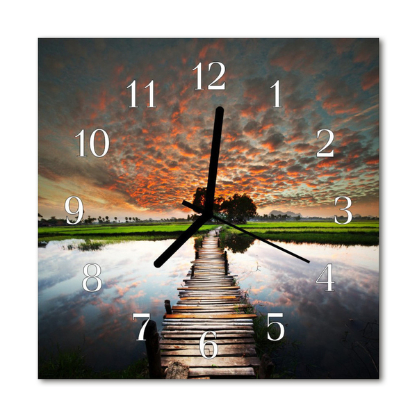 Glass Kitchen Clock Meadow Bridge Landscape Multi-Coloured