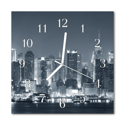 Glass Kitchen Clock Skyline Night City Black & White