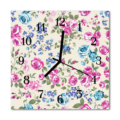 Glass Kitchen Clock Roses flowers blue, pink