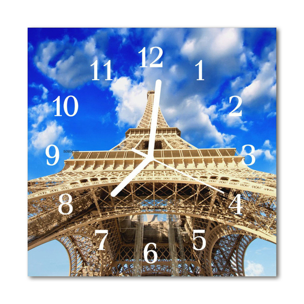 Glass Wall Clock Eiffel Tower Architecture Blue