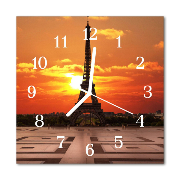 Glass Wall Clock Eiffel Tower Architecture Orange