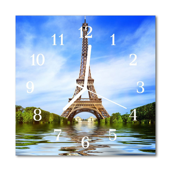 Glass Wall Clock Eiffel Tower Architecture Blue