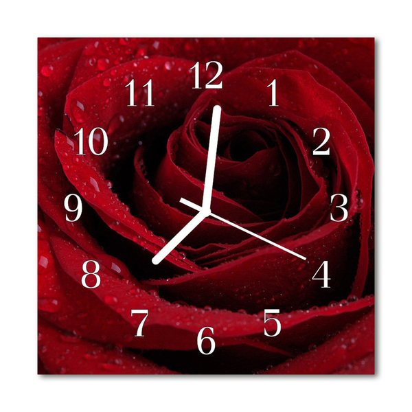 Glass Wall Clock Rose Flowers Red