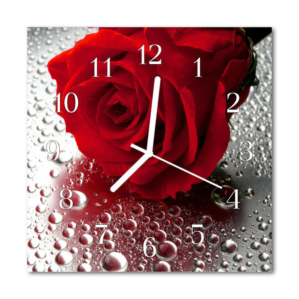 Glass Wall Clock Rose Flowers Red