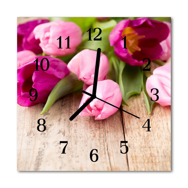 Glass Wall Clock Tulips plants pink