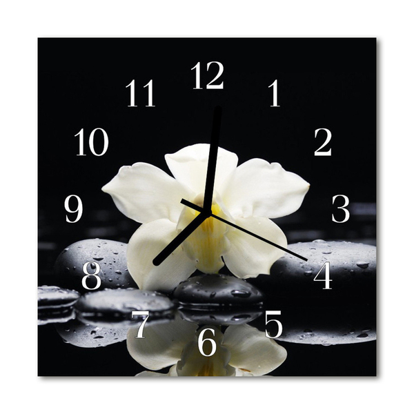 Glass Wall Clock Orchid Stones Nature Grey