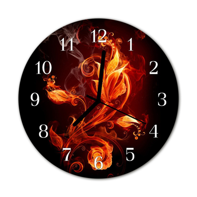 Glass Kitchen Clock Fire Flower Art Orange