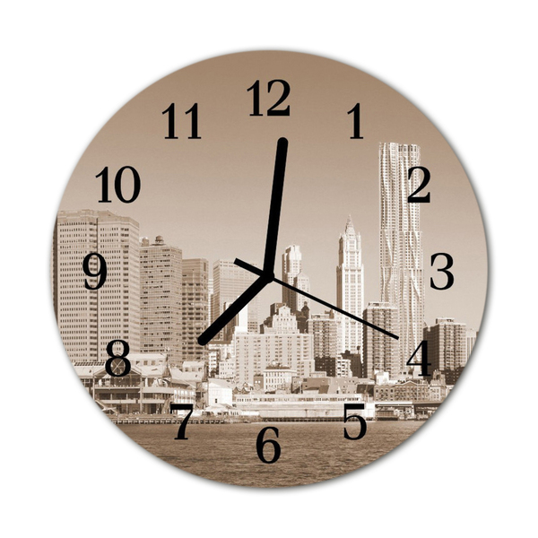 Glass Kitchen Clock Skyline city sepia