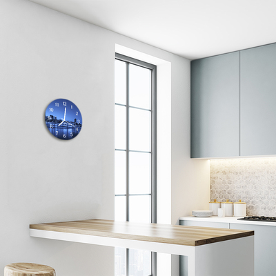 Glass Kitchen Clock Skyline City Blue