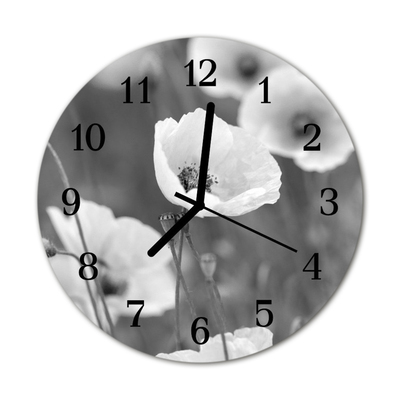 Glass Kitchen Clock Poppies flowers & plants black & white