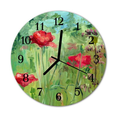 Glass Kitchen Clock Poppies flowers & plants red, green