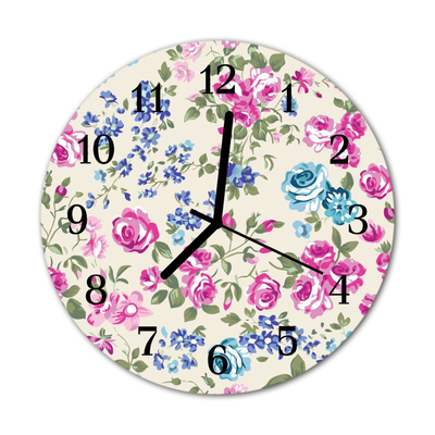 Glass Kitchen Clock Roses flowers blue, pink