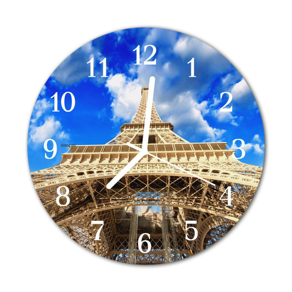 Glass Wall Clock Eiffel Tower Architecture Blue