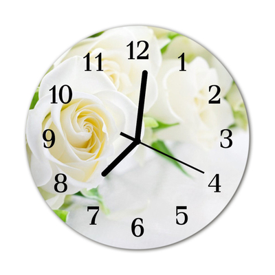 Glass Wall Clock Roses flowers white