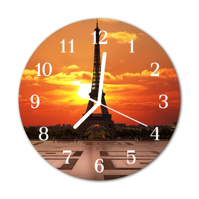 Glass Wall Clock Eiffel Tower Architecture Orange