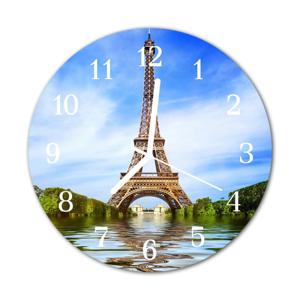 Glass Wall Clock Eiffel Tower Architecture Blue