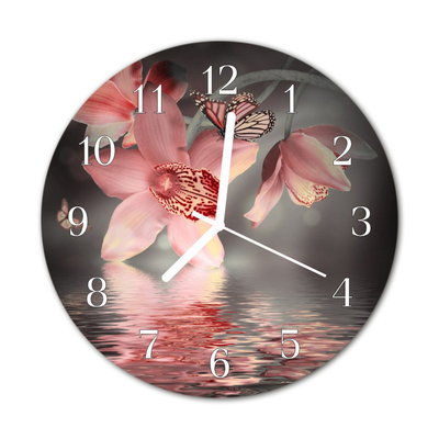 Glass Wall Clock Orchid Flowers Pink