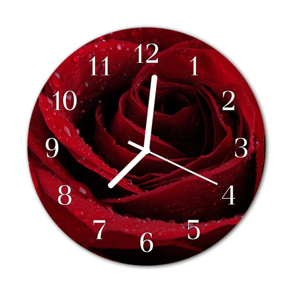 Glass Wall Clock Rose Flowers Red