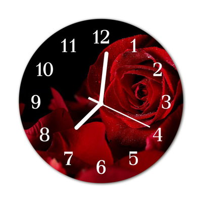 Glass Wall Clock Rose Flowers Red