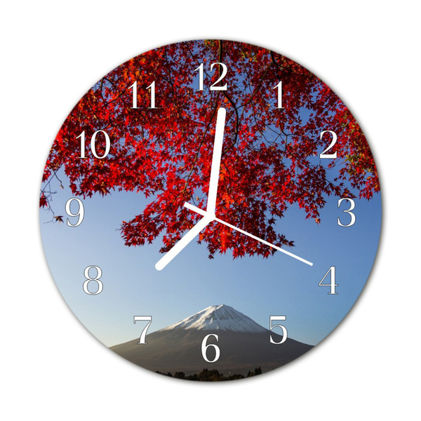 Glass Wall Clock Mountain Foliage Landscape Nature Red