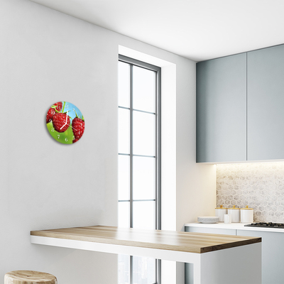 Glass Wall Clock Raspberries Fruit Red