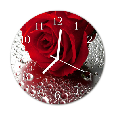Glass Wall Clock Rose Flowers Red