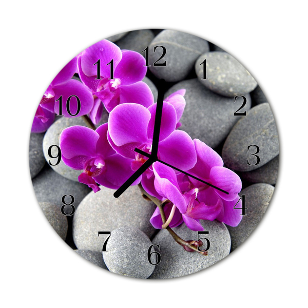 Glass Wall Clock Orchid stones flowers stones purple