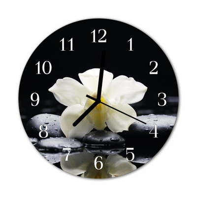 Glass Wall Clock Orchid Stones Nature Grey