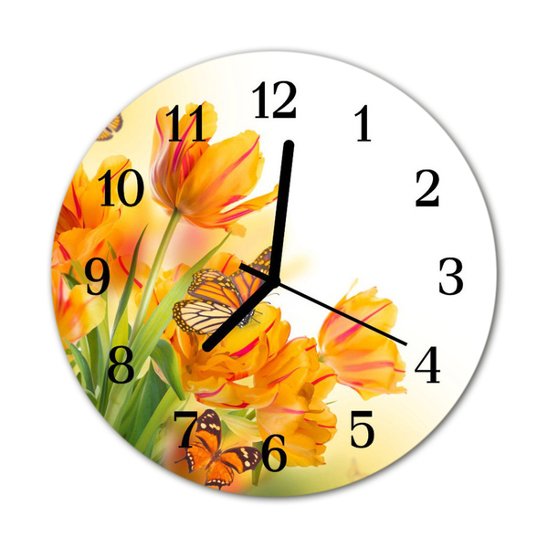 Glass Wall Clock Tulips plants orange