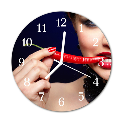 Glass Wall Clock Chili Pepper Food and Drinks Blue
