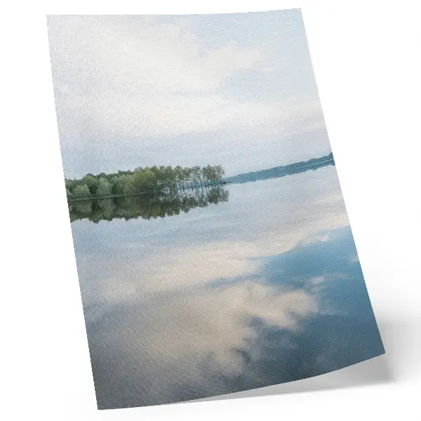 Decorative poster featuring a calm landscape of trees reflected in water under the sky