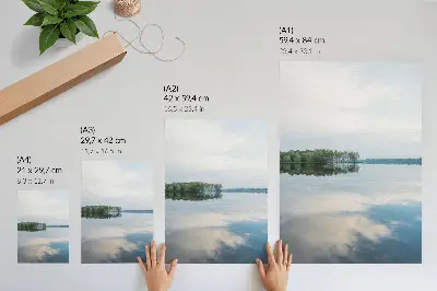 Decorative poster featuring a calm landscape of trees reflected in water under the sky