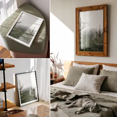 Art print featuring green pines in a foggy forest with subtle depth and a relaxing atmosphere