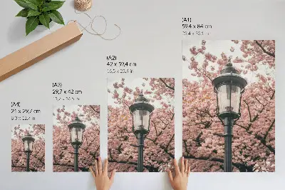 Decorative poster pink trees and black lantern with a nostalgic atmosphere