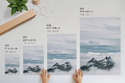 Art print mountain peaks in the fog featuring themes of peace and elegance