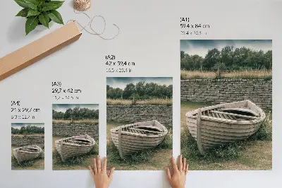 Decorative poster featuring an abandoned boat on a tranquil grassy nature landscape