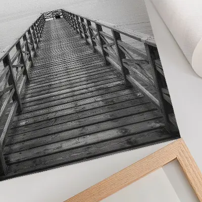 Art print black and white minimalist landscape of a pier on calm water
