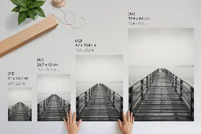 Art print black and white minimalist landscape of a pier on calm water