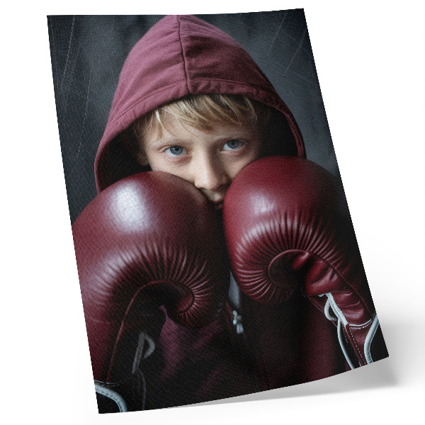 Decorative poster Child in a burgundy sweatshirt boxer with gloves minimalism