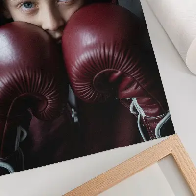 Decorative poster child in a burgundy sweatshirt and boxing gloves with a minimalist design