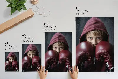 Decorative poster child in a burgundy sweatshirt and boxing gloves with a minimalist design