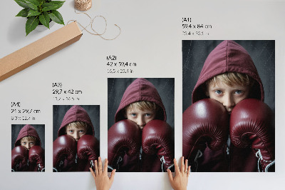 Decorative poster Child in a burgundy sweatshirt boxer with gloves minimalism