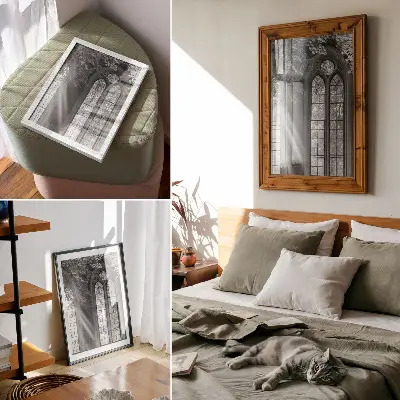 Premium wall art featuring old gothic windows with light and leaves