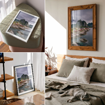 Premium wall art Red houses, mountains, water in the background, peaceful atmosphere