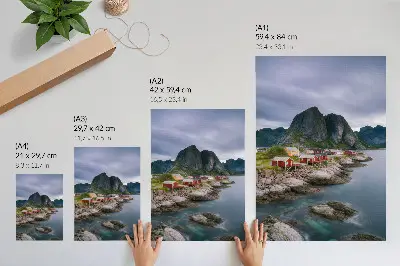 Premium wall art featuring red houses, mountains, and water in a peaceful landscape
