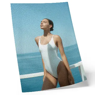 Decorative poster woman against a sea background in bright minimalist colors