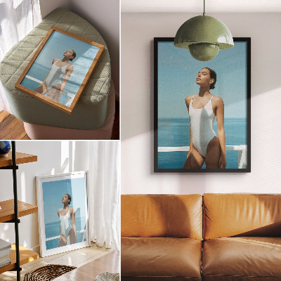Decorative poster Woman against the sea background bright colors minimalism